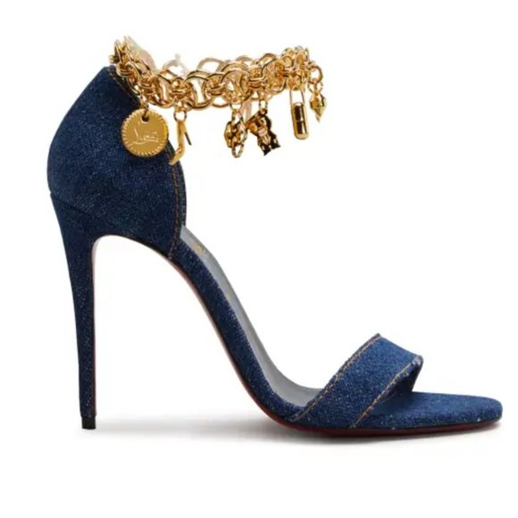 Christian Louboutin Women's Gourmi 100mm Denim Sandal with Gold Anklet size 40 - Picture 2 of 3